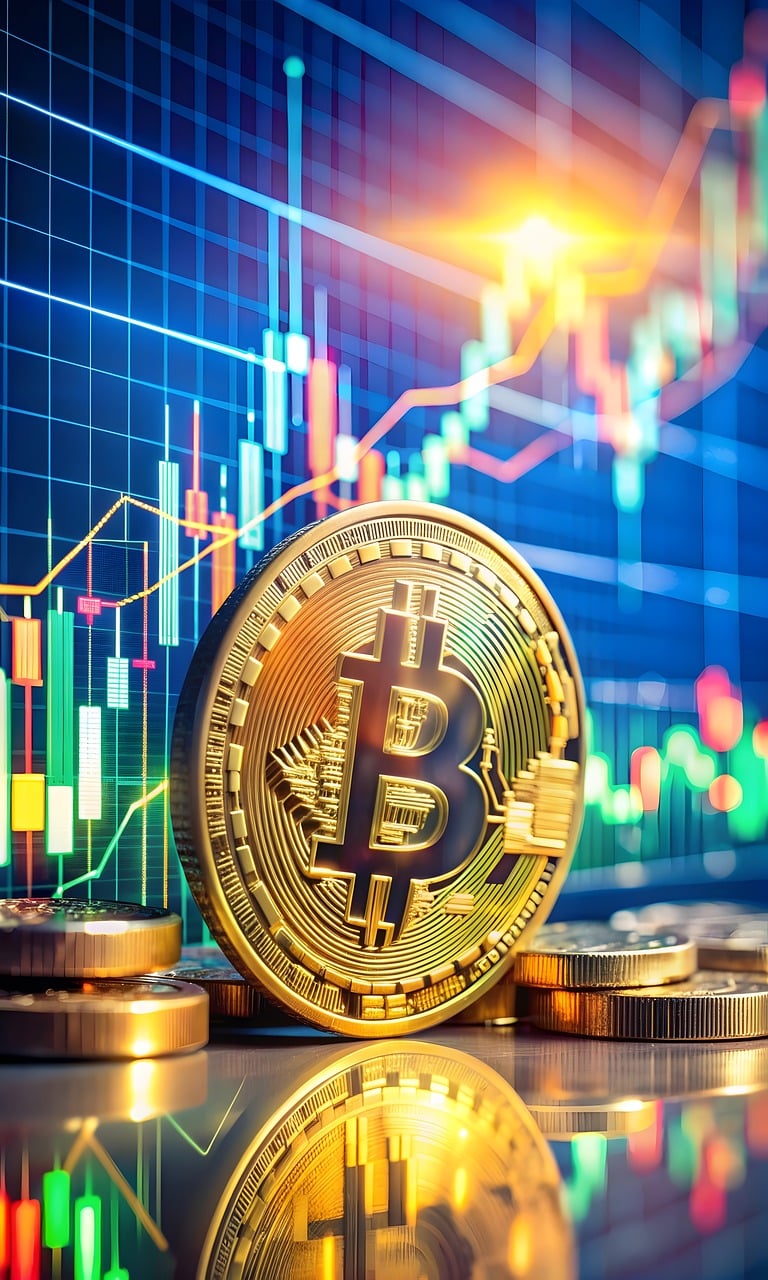 Kolorowe linie na czarnym tle pokazują dramatyczne wzrosty i spadki wartości bitcoina