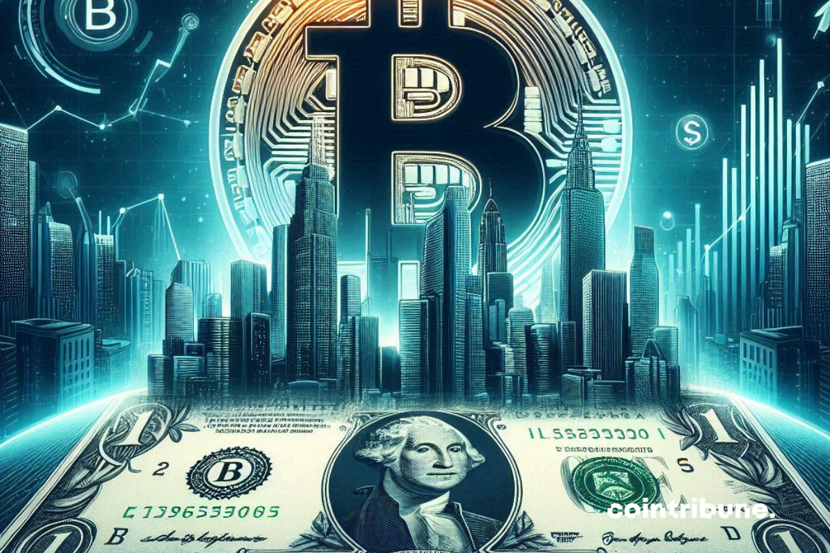 sterta zielonych banknotów dolara opadająca podczas unoszenia monety Bitcoin
