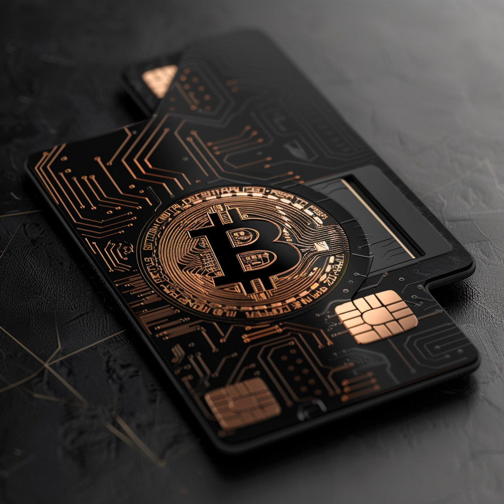 kilka kart debetowych różnych firm kryptowalutowych ułożonych obok monet Bitcoin