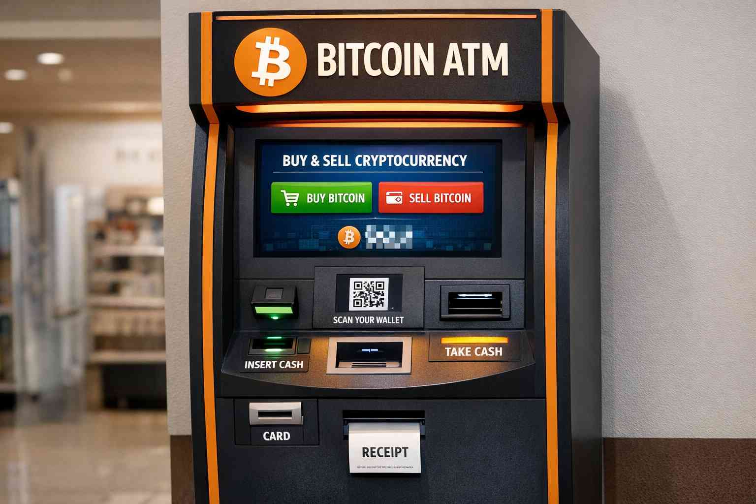 wymiana gotówki na Bitcoin w kantorze klient podający banknoty kasjerowi w kantorze Bitcoin za ladą