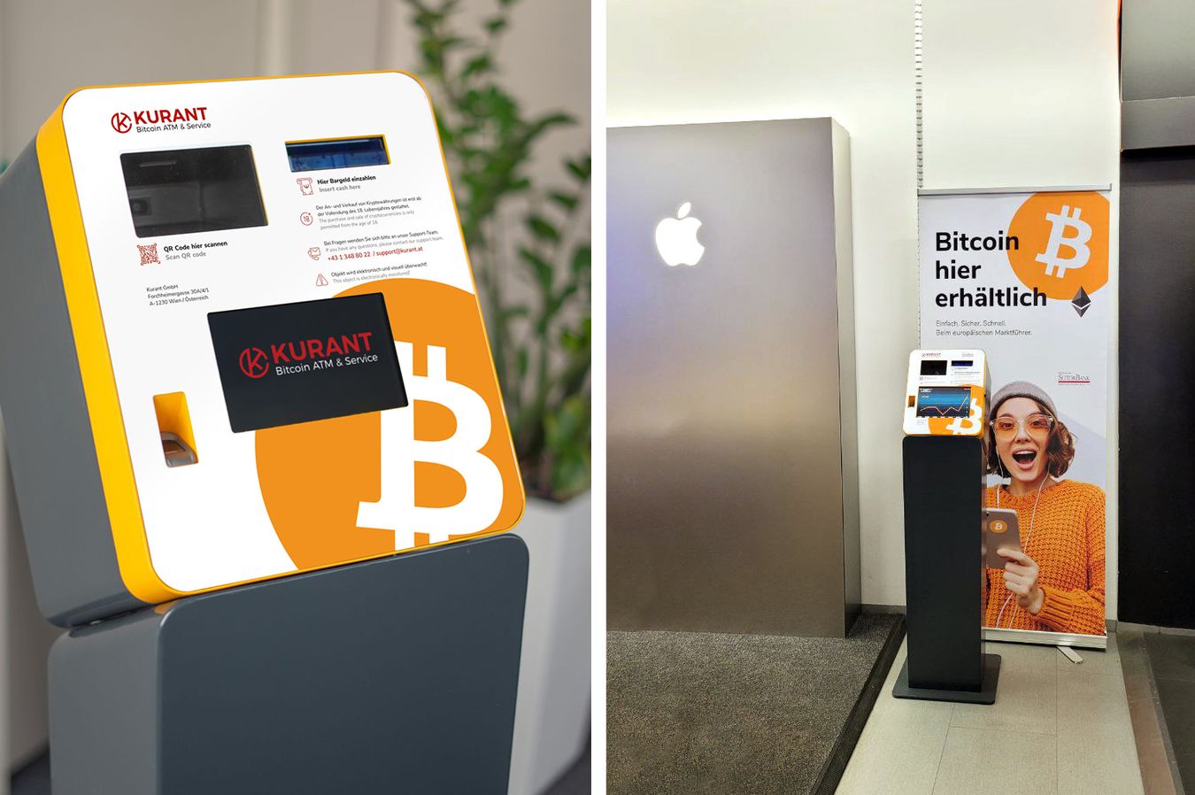 Kobieta korzystająca z bitomatu wewnątrz galerii handlowej przy ladzie